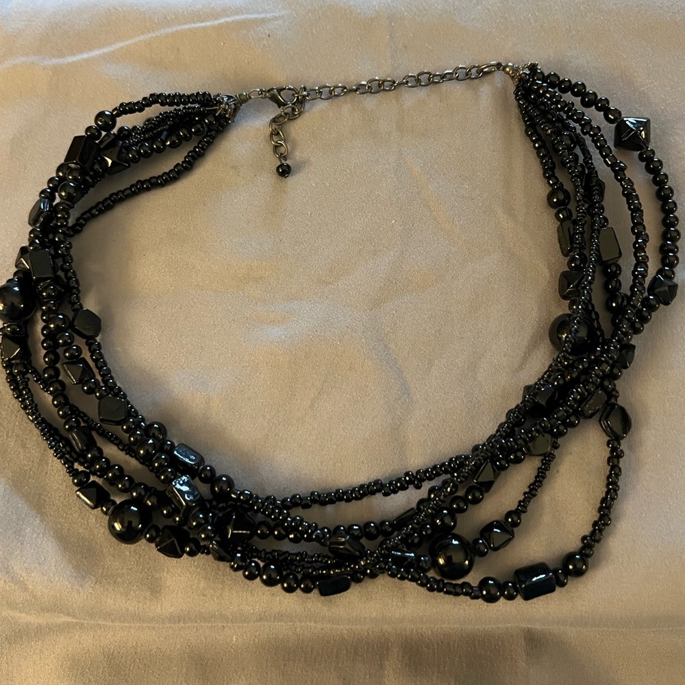 Elegant Black Beaded Multi Strand Necklace 18”